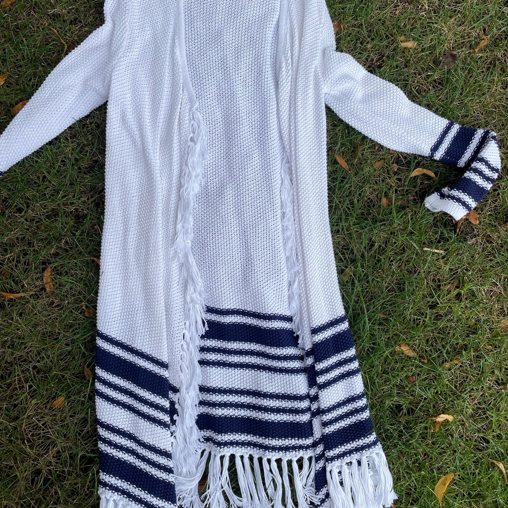 White and Navy Striped Knit Cardigan